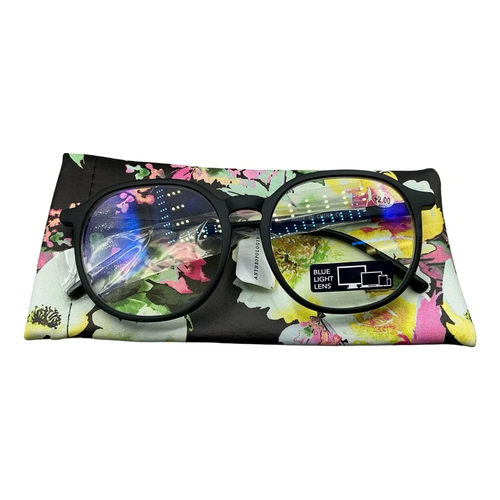Anthropologie Blue Light Reading Glasses Black‎ Round +2.00 Strength Floral Case
